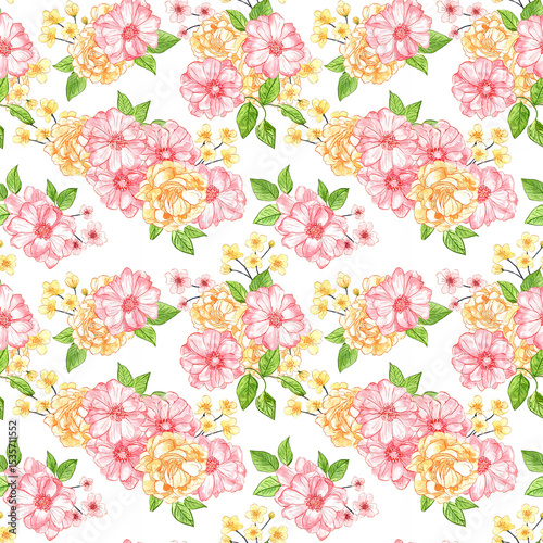 Lively watercolor floral seamless pattern with soft pastel colors