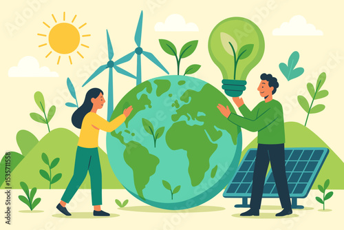 Renewable energy concept illustration for sustainability and ecology. People caring for planet Earth, promoting a green future with wind turbines and solar panels. Environmental conservation.