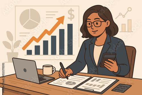Financial analyst businesswoman working at office desk with laptop and calculator. Concept of data analysis, market research, and accounting. Female manager reviewing growth charts.