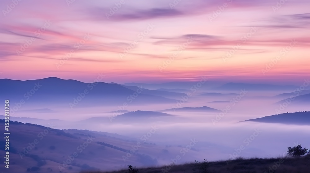 Obraz premium A delicate, serene sunrise over the Carpathians, pale pink and lavender sky, thin streaks of clouds glowing softly, mist covering the valleys, the scene exuding calm and peace.