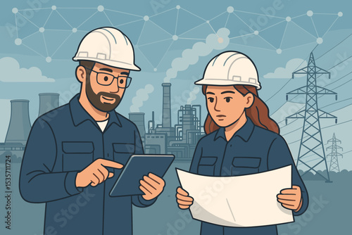 Engineers team working at power plant. Man and woman workers with hard hats using tablet and blueprint. Industrial energy, electricity production, technology and collaboration concept.