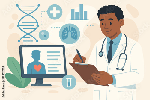 Black doctor writing on a clipboard. Medical diagnosis and healthcare technology concept with electronic patient record on computer, DNA helix, lungs icon, and data chart. Research.