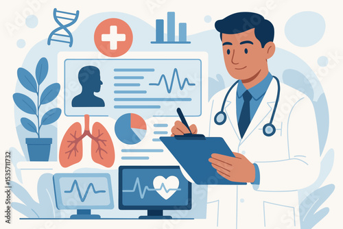 Doctor making a medical diagnosis, analyzing a patient's health records. Flat vector illustration with healthcare icons, EKG, lungs, and DNA for clinic, hospital, or insurance.