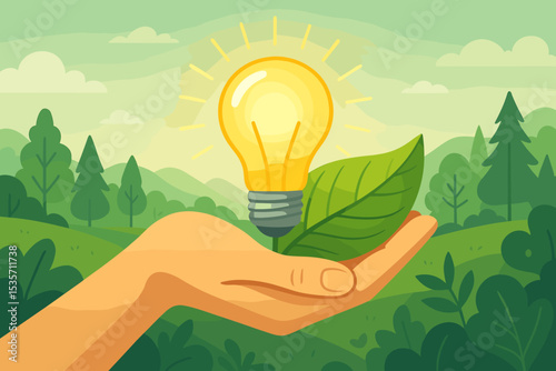 Hand holding light bulb and green leaf. Sustainable energy concept. Eco-friendly power, innovation for environmental protection. Renewable, clean electricity from nature vector.