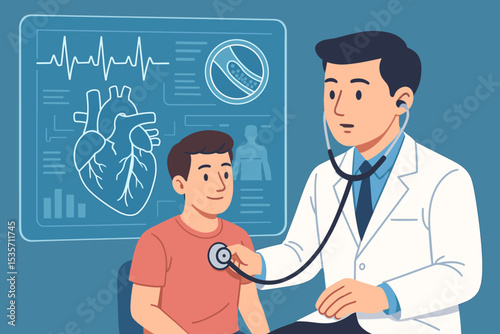 Male doctor examining a child patient with a stethoscope. Concept of futuristic healthcare technology with virtual screen displaying heart, EKG data. Pediatric cardiology checkup.
