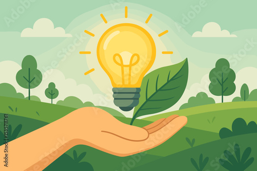Sustainable energy concept with hand holding a light bulb and green leaf. Renewable power idea and environmental conservation. Ecology innovation for a clean future. Vector illustration.