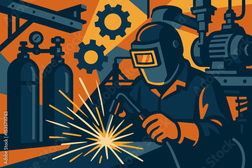 Welder working with a torch creating sparks in a factory. Industrial metalworker in protective mask and gloves. Metalwork, manufacturing, and fabrication concept vector illustration.