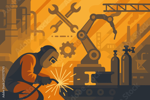 Welder at work with robotic arm on factory production line. Industrial manufacturing and automation concept. Metalworking, engineering, and technology vector illustration.