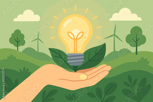Sustainable energy concept with hand holding a lightbulb. Green renewable power idea with wind turbines. Eco-friendly innovation for a clean future and environmental protection.