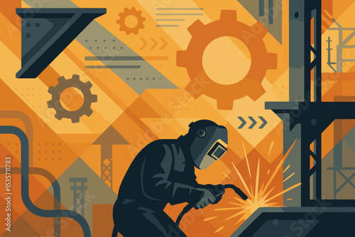Welder at work in factory, industrial vector concept. Worker in protective mask welding metal with sparks. Manufacturing, engineering and fabrication with abstract gears background.