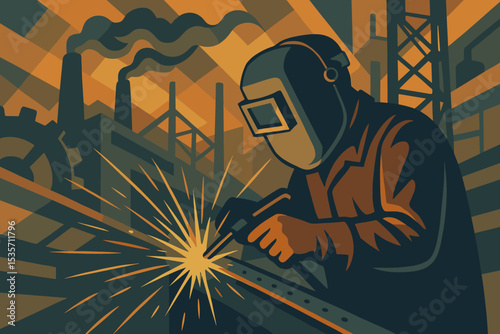 Welder at work in a factory, a concept for industry and labor. Worker in a protective mask welding metal with bright sparks. Retro industrial vector illustration, manufacturing scene.