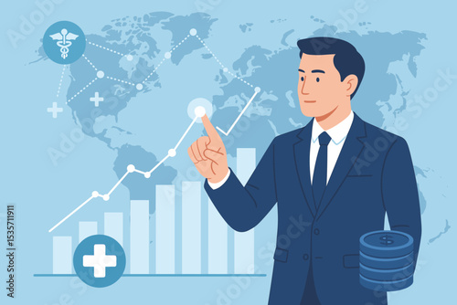 Medical business growth and healthcare finance concept. Businessman analyzing data chart on futuristic screen. Global pharmaceutical industry investment, economic success, profit vector.