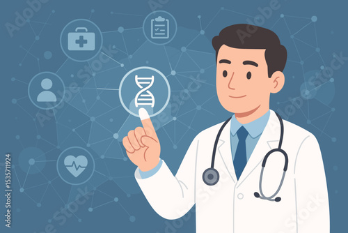 Male doctor touching DNA icon on a virtual screen. Concept for digital healthcare, medical innovation, genetic research, and personalized medicine. Telehealth futuristic technology.