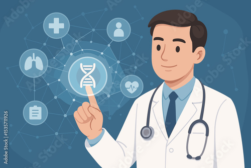 Doctor interacts with futuristic virtual interface. Digital healthcare innovation, medical technology, telemedicine concept. Scientist touches DNA icon for genetic data, personalized medicine.