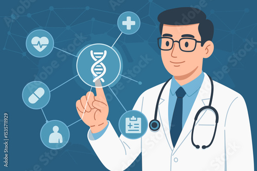 Doctor using digital healthcare interface. Medical technology innovation, telemedicine, and genomics concept. Man pointing at DNA icon in network with health symbols. Vector.