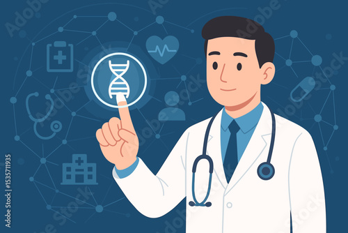 Concept of medical technology innovation. Male doctor pointing at a glowing DNA icon on a digital interface. Genetic research, personalized medicine, and future healthcare vector.