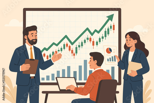 Business team analyzing stock market data during presentation. Financial expert pointing at growing candlestick chart. Concept of investment, trading, bull market, and teamwork.