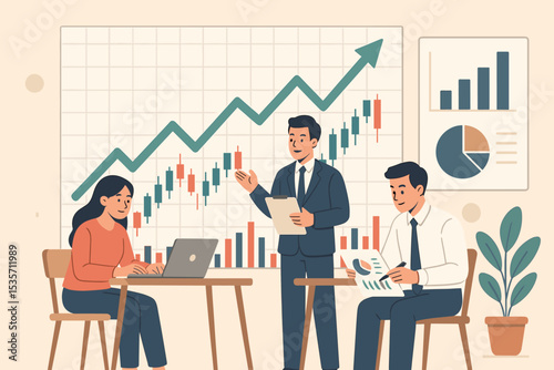 Financial analysts team at work. Business meeting presentation with stock market chart and graph. Investment strategy, data analysis, and corporate teamwork for success concept.