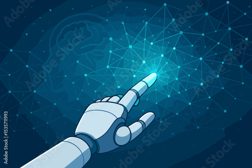 Artificial intelligence concept. Robot hand touching a glowing neural network grid. Human brain silhouette symbolizing machine learning, data, and futuristic technology connection.