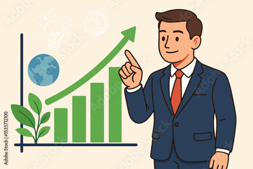 Businessman presents sustainable growth strategy with a green financial chart. ESG investment concept, corporate social responsibility, and eco-friendly business profit success.