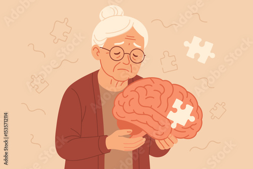 Alzheimer's disease and dementia concept. Sad senior woman holding brain with missing puzzle piece. Metaphor for memory loss, cognitive decline, neurological disorder, and aging.