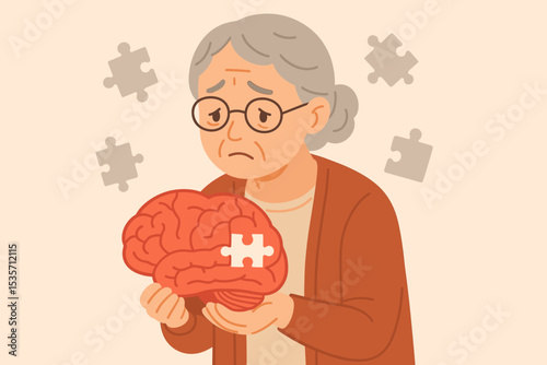 Elderly woman with dementia and Alzheimer's disease. Sad senior holding a brain puzzle with missing piece. Metaphor for memory loss, mental disorder, cognitive decline, aging.