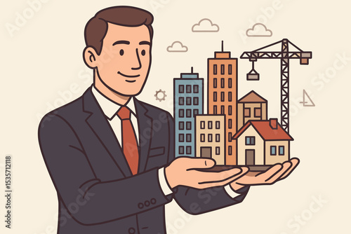 Businessman holding city model with house, buildings, and crane. Real estate agent or developer concept for property investment, mortgage, construction, and urban development project.