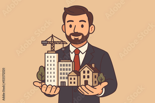 Professional real estate agent or developer holding a miniature city model. Concept of property management, urban planning, construction industry, and housing investment. Vector cartoon.