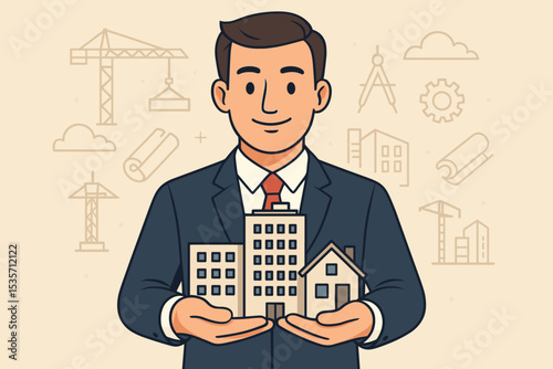 Real estate agent or architect businessman holding miniature house and office buildings. Concept for property development, construction project, urban investment, and mortgage.