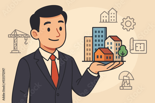 Real estate agent businessman holding a miniature city. Property development and construction concept. Urban planning, investment, and architecture illustration. Housing market vector.