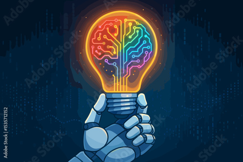 Artificial intelligence innovation concept. Robot hand holding a glowing lightbulb with a circuit brain. Metaphor for creative ideas, machine learning, and future technology.