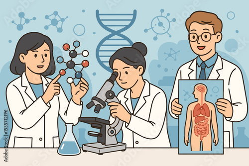 Science research team in laboratory. Scientists in lab coats working on medical and biotechnology development. Man and women collaborating, using microscope, studying human anatomy and molecules.