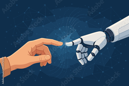 Human hand touching an AI robot finger, a metaphor for the Creation of Adam. Concept for connection, interaction, and future technology. Artificial intelligence, digital innovation.