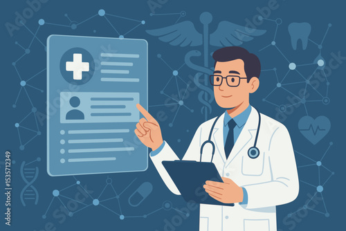 Doctor analyzing electronic health record on a futuristic screen. Concept for digital healthcare, telemedicine, and medical technology. Patient data analysis and online consultation.