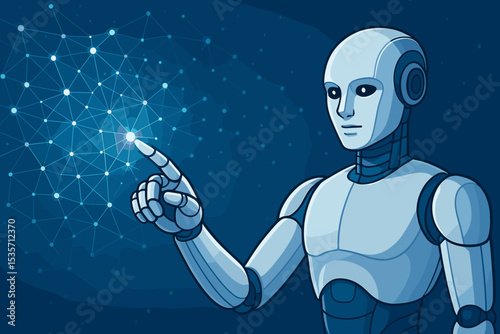Artificial intelligence concept with a humanoid robot touching a futuristic neural network. AI, machine learning, big data, and technology innovation. Digital connection and cyberspace.