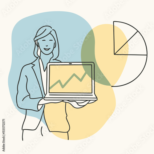 Smiling businesswoman shows laptop displaying growing chart near pie chart visualization on pastel background