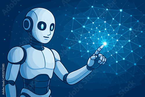 Robot touching a glowing neural network. Artificial intelligence, AI, and future technology concept. Android interacting with a digital interface for data science or machine learning.