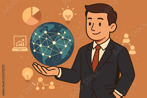 Global business network concept with a businessman holding a world globe. International strategy, innovation idea, data analytics, and corporate growth. Technology vector illustration.