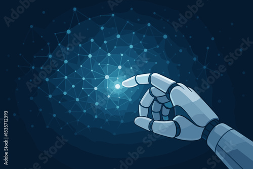 Artificial intelligence concept with robot finger touching glowing node on a neural network. Future technology, AI revolution, machine learning and big data innovation background.