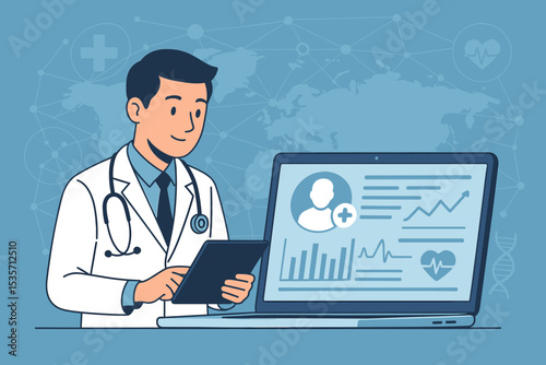 Digital health and telemedicine concept. Male doctor using laptop and tablet for online consultation and analyzing electronic health records. Healthcare technology innovation for patient care.