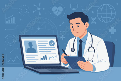 Doctor at laptop analyzing electronic medical record. Telemedicine and digital health innovation concept. Online consultation, virtual healthcare service, modern medical technology.