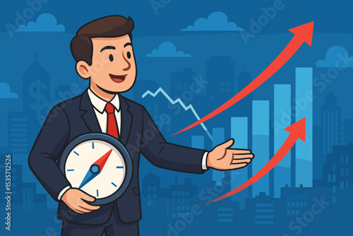 Businessman with compass navigating economic recovery. Financial advisor shows growth chart and arrows. Business strategy for success, investment direction, market upturn concept.