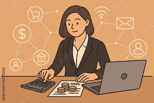 Digital finance and online banking concept. Businesswoman accountant managing budget. Financial analysis, calculation. Fintech technology, e-commerce, investment. Cartoon vector illustration.