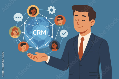 CRM system concept. Businessman presenting customer relationship management technology. Global network of clients, marketing automation, sales funnel, and client database management.