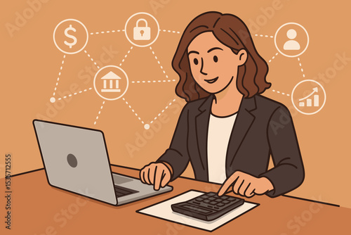 Financial advisor woman working on laptop and calculator. Digital finance and fintech concept with network icons for banking, security, investment growth, and budget planning.