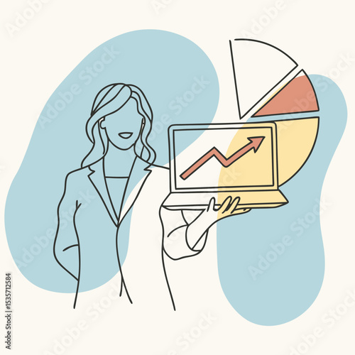 Minimalist line art shows a woman presenting a laptop with upward trending chart