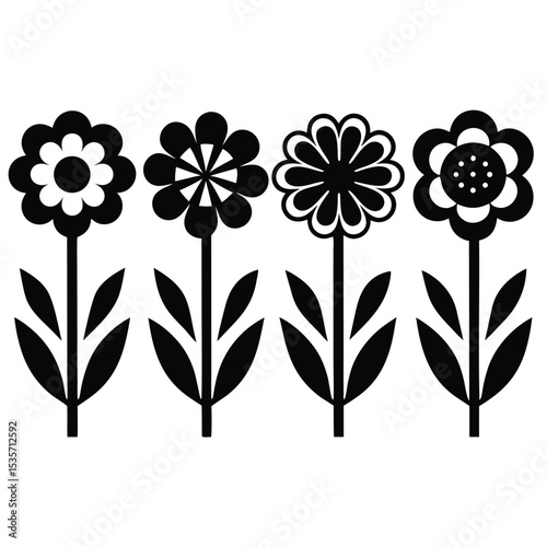 Black and White Flower Icon Set Four Stylized Floral Designs Isolated on White Background Simple Vector Graphics Black Flowers White Centers Geometric Floral Patterns