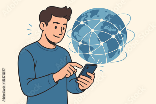Man using smartphone for global network connectivity. Internet technology concept with person and earth globe. Mobile communication, social media, and business connection vector.