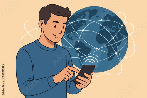 Global network connectivity and communication technology concept. Man using mobile phone for international internet access. Digital world, data transfer and social networking vector art.