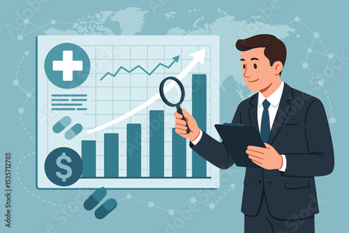 Medical business growth concept. Healthcare industry finance analysis. Businessman with magnifying glass inspects chart. Pharmaceutical market investment profit. Global health economy.